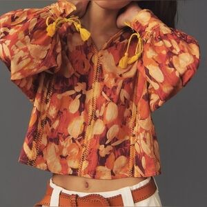 By Anthropologie Tassel Stitched Blouse, Orange Motif, Size XS, NWOT